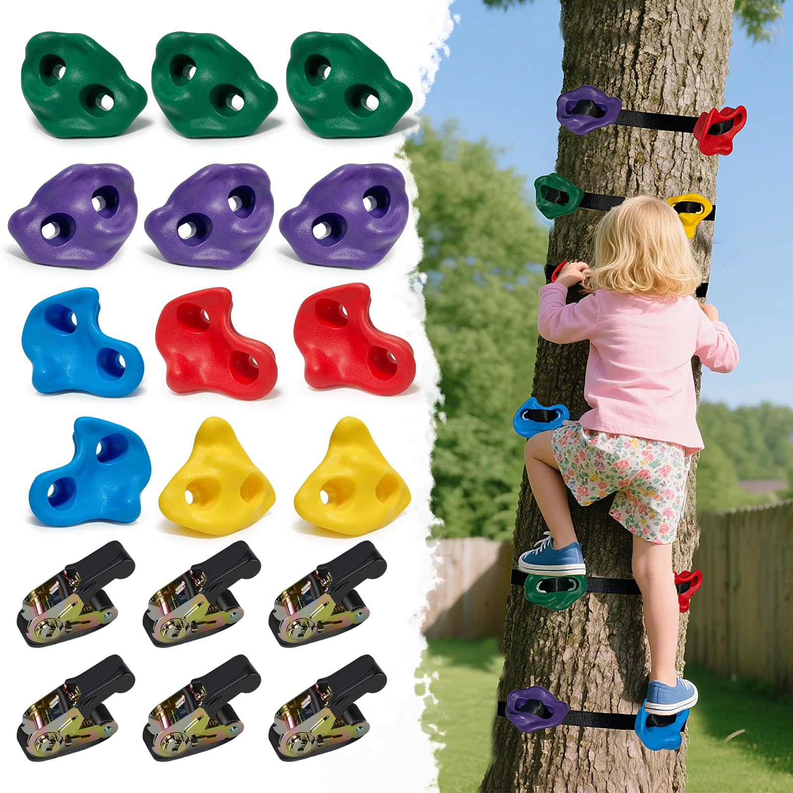 SREHRLY 12-piece tree climbing holds kit with colorful grips for backyard adventures.