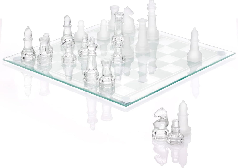Srenta fine glass chess board on an elegant coffee-table for refined decor and play