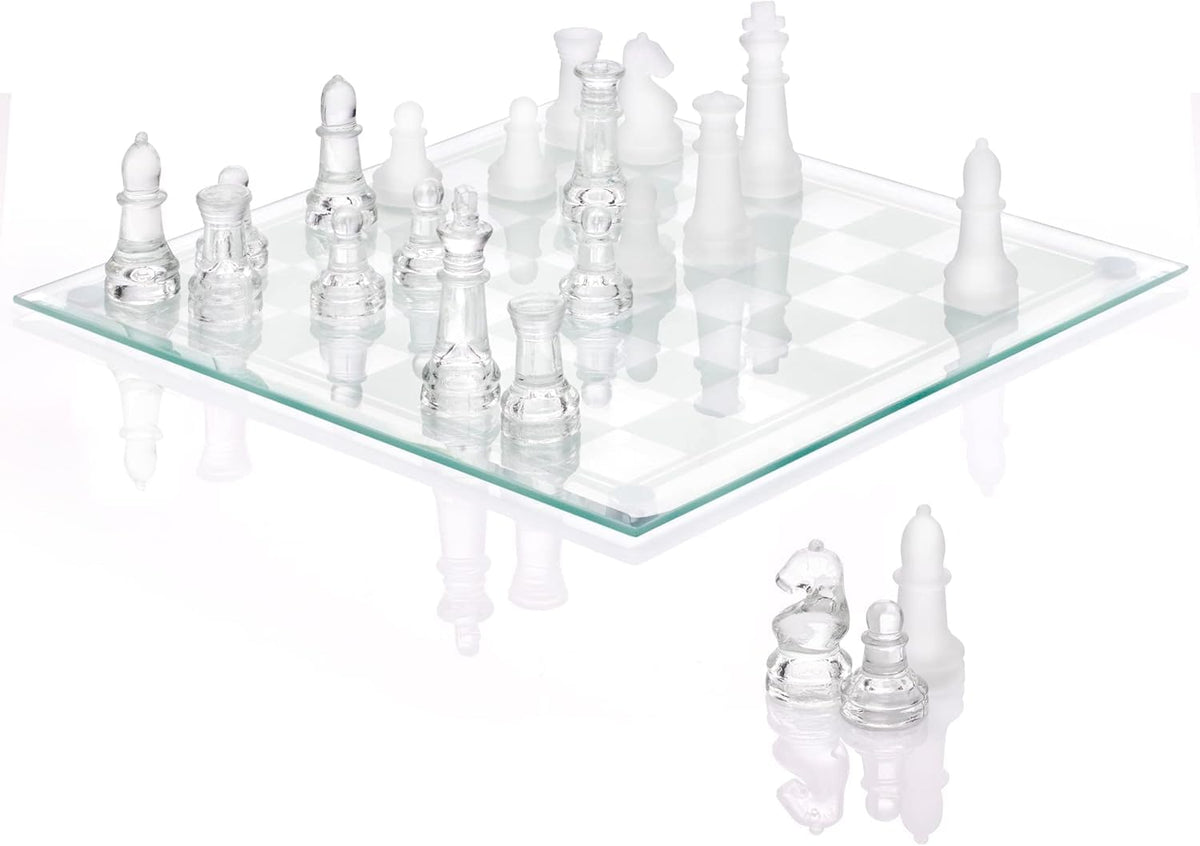 Srenta fine glass chess board on an elegant coffee-table for refined decor and play