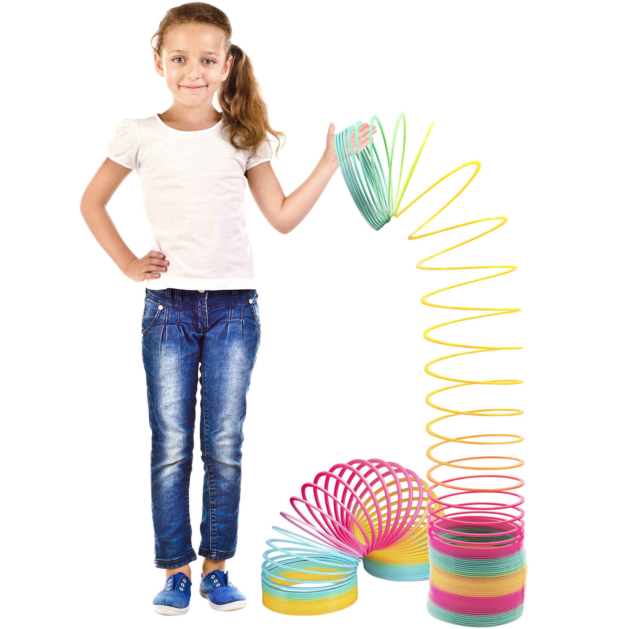 Srenta giant rainbow coil spring 6in tall demonstrates sturdy construction for active play.