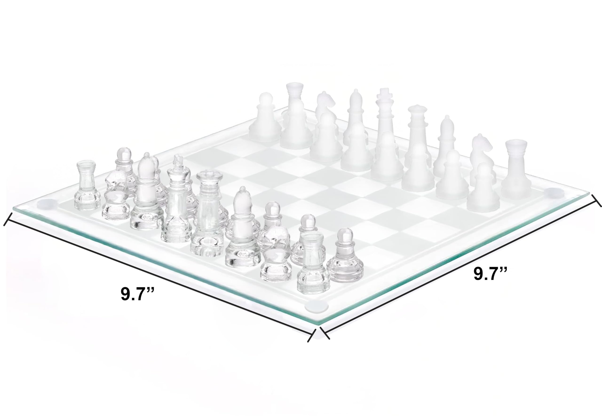 Srenta glass chess pieces in clear and frosted contrast for easy tracking