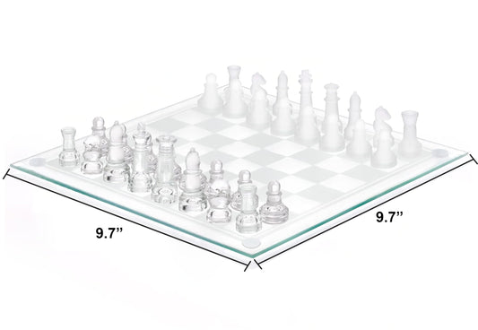 Srenta glass chess pieces in clear and frosted contrast for easy tracking