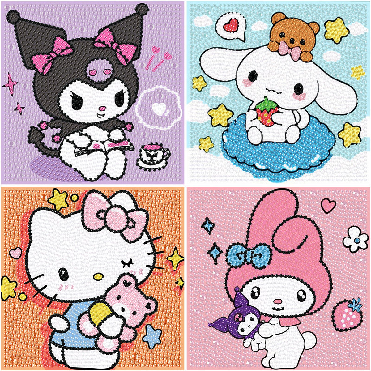 Sretoul 4-pack cartoon diamond art kits contents for kids' crafting fun.