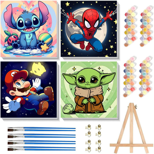 Sretoul four-pack cartoon canvases with frame for kid art display.
