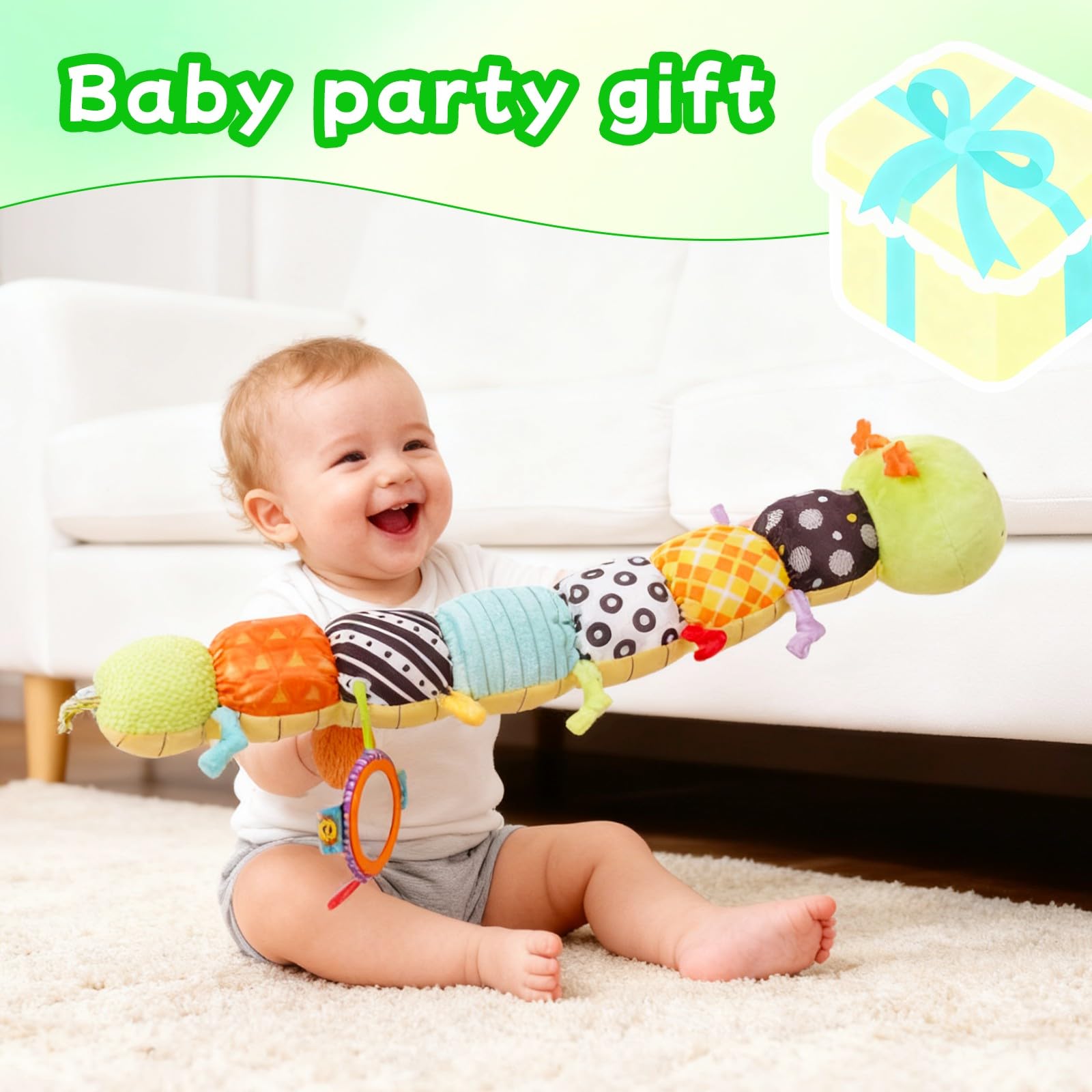 SRICH caterpillar toy with tummy-time focus and high-contrast patterns encourages head lifting.