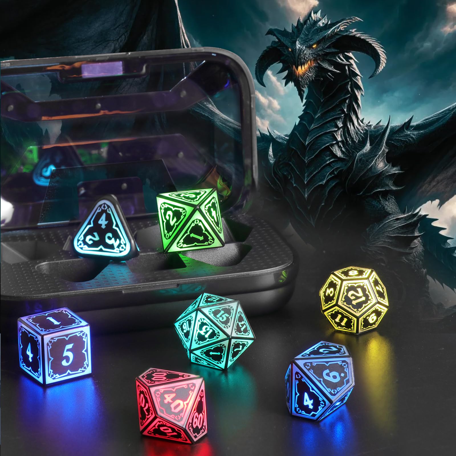 SRING LED DND dice resting in the charging bin after a campaign.