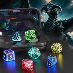 SRING LED DND dice resting in the charging bin after a campaign.