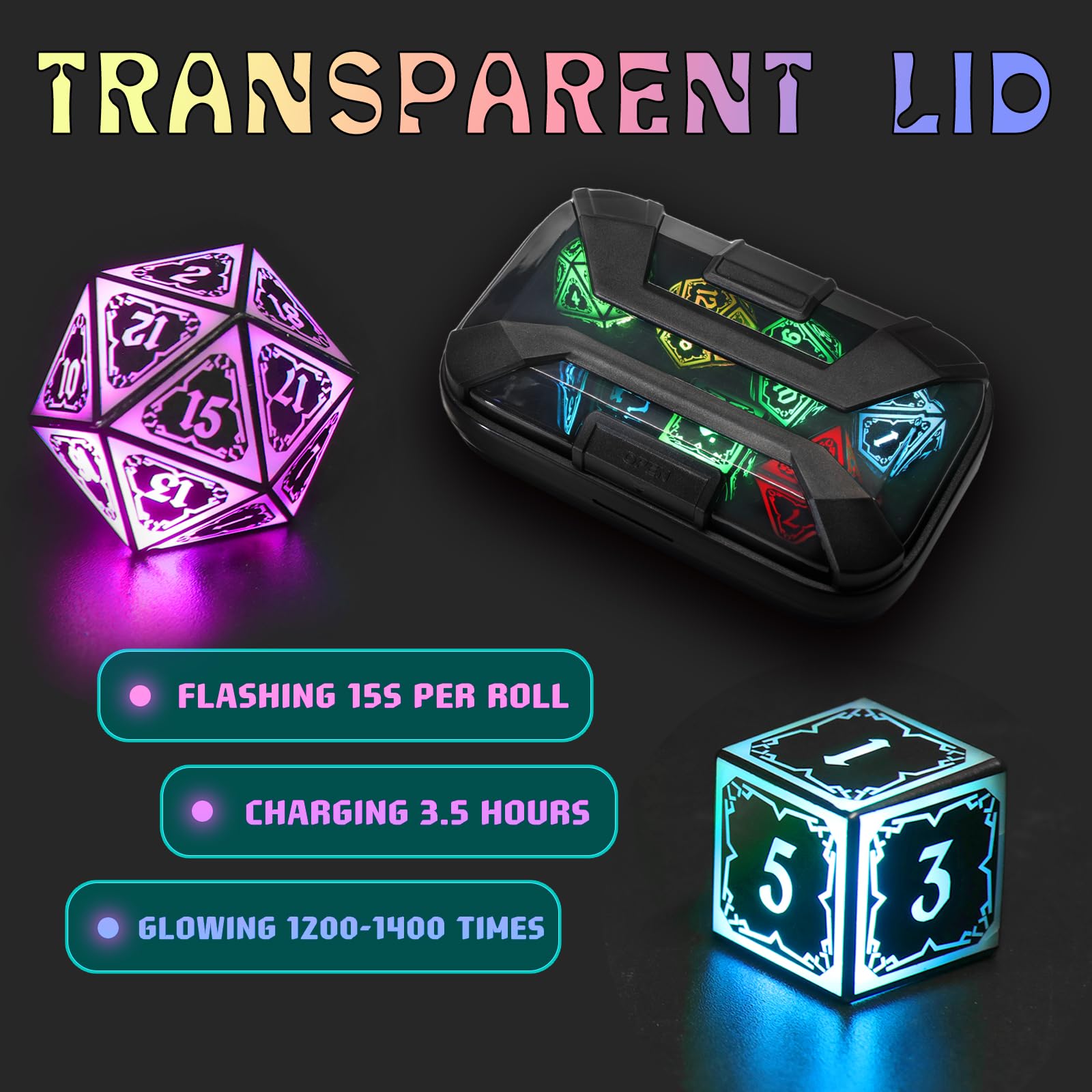 SRING LED DND dice show seven-color spectrum for dazzling dice results.
