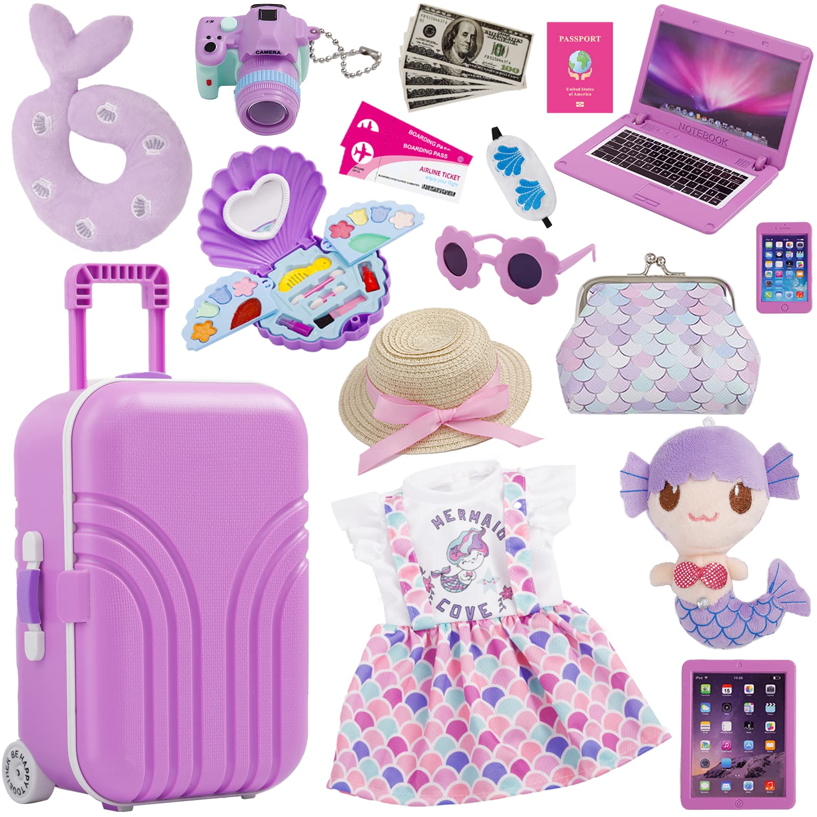 Srua Don mermaid-theme suitcase for 18-inch dolls, ideal for pretend travel.