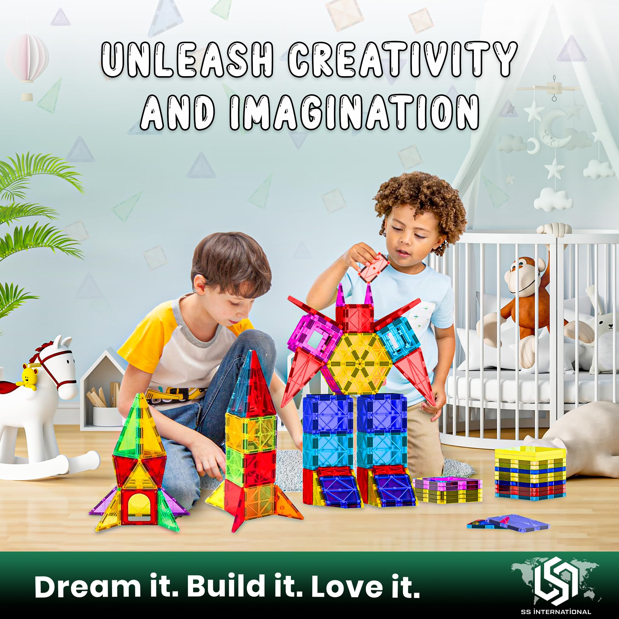 SS INTERNATIONAL large magnetic tiles stack easily to build towers and walls for steady play.