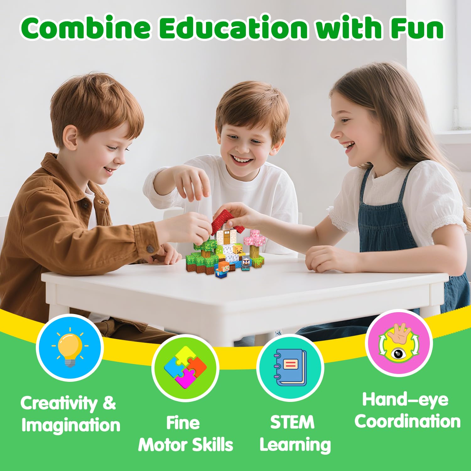 SSAWER family-friendly screen-free activity featuring magnetic blocks for collaborative play at home.