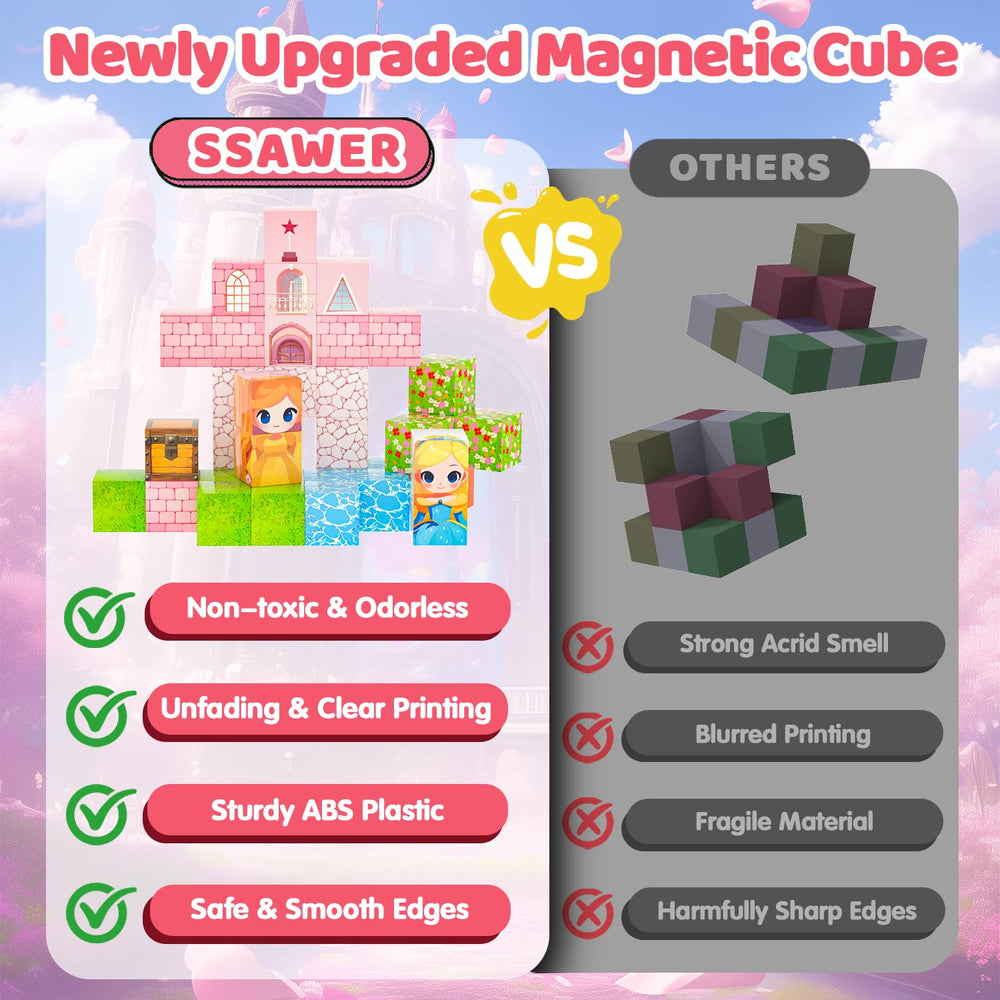 SSAWER magnetic blocks engaged a child building a colorful castle, fostering concentration and creativity.
