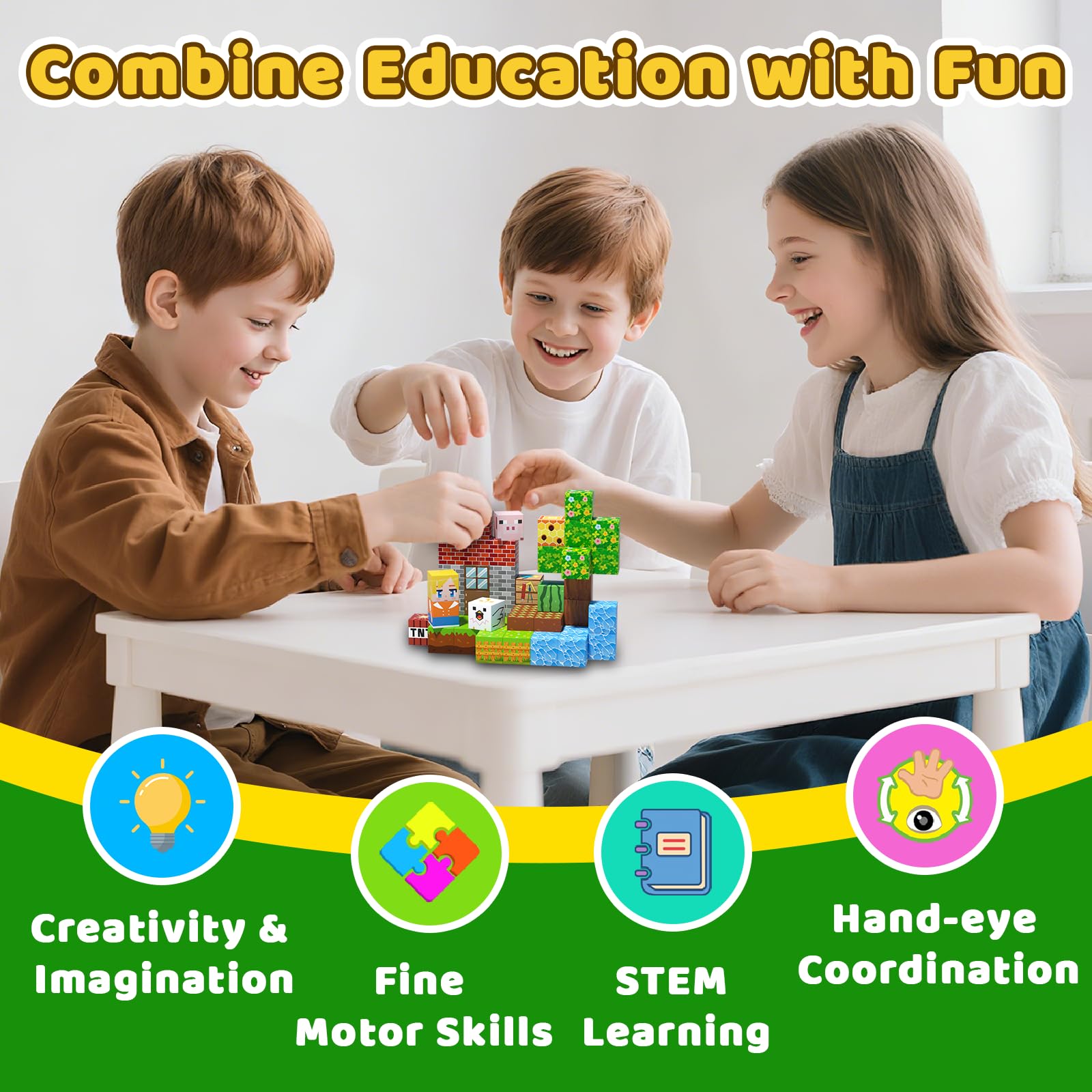 SSAWER magnetic cubes boost fine motor skills through stacking and assembly.
