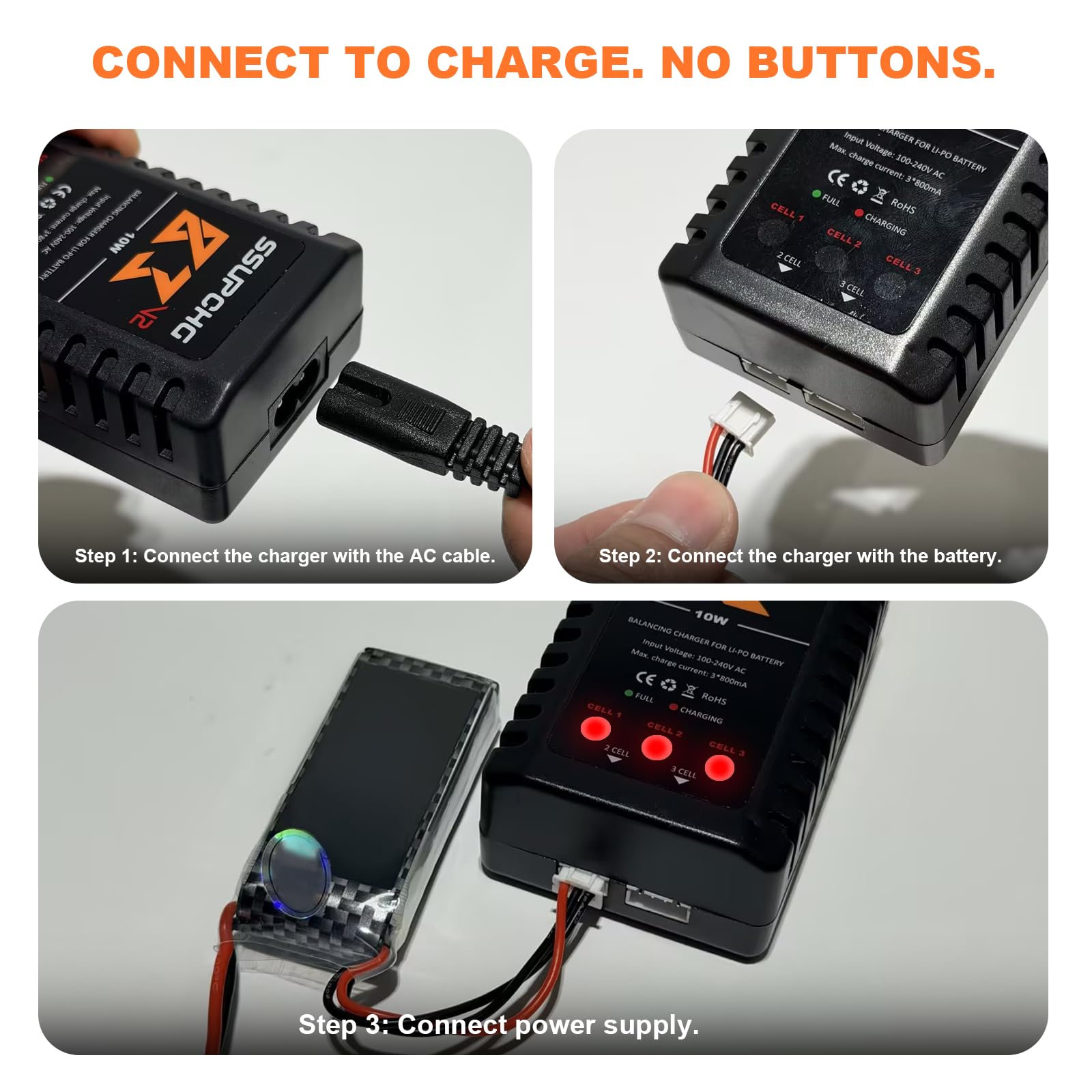 SSUPCHG easy-use charging setup connects AC cable and battery for quick charging.