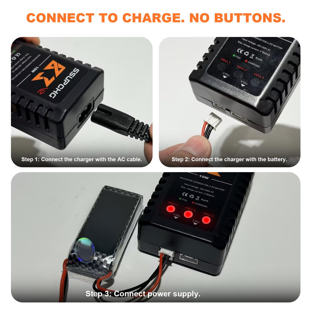 SSUPCHG easy-use charging setup connects AC cable and battery for quick charging.