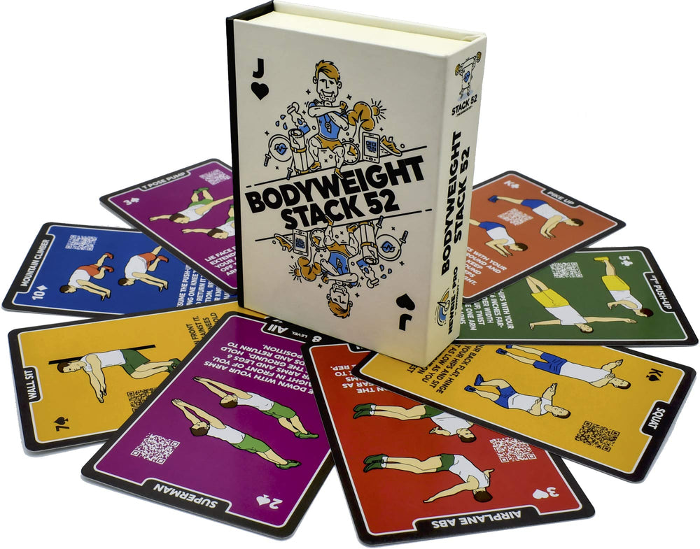 Stack 52 bodyweight cards cover showing a portable workout deck for on-the-go training