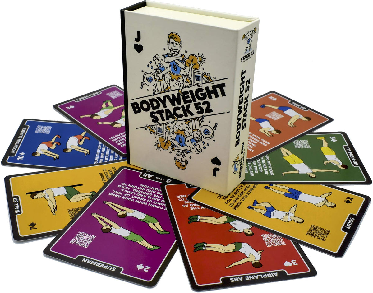 Stack 52 bodyweight cards cover showing a portable workout deck for on-the-go training