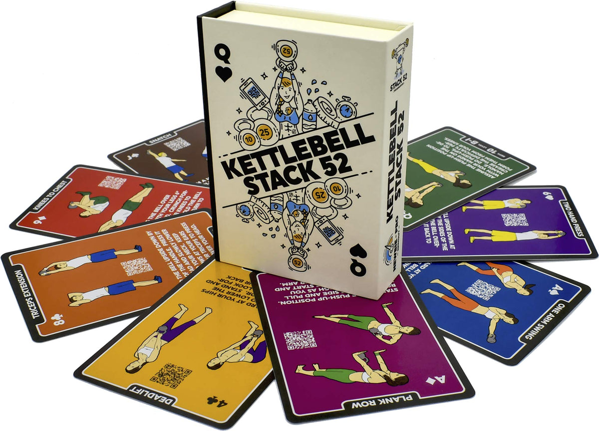 Stack 52 kettlebell exercise cards cover portable full-body workouts at home.