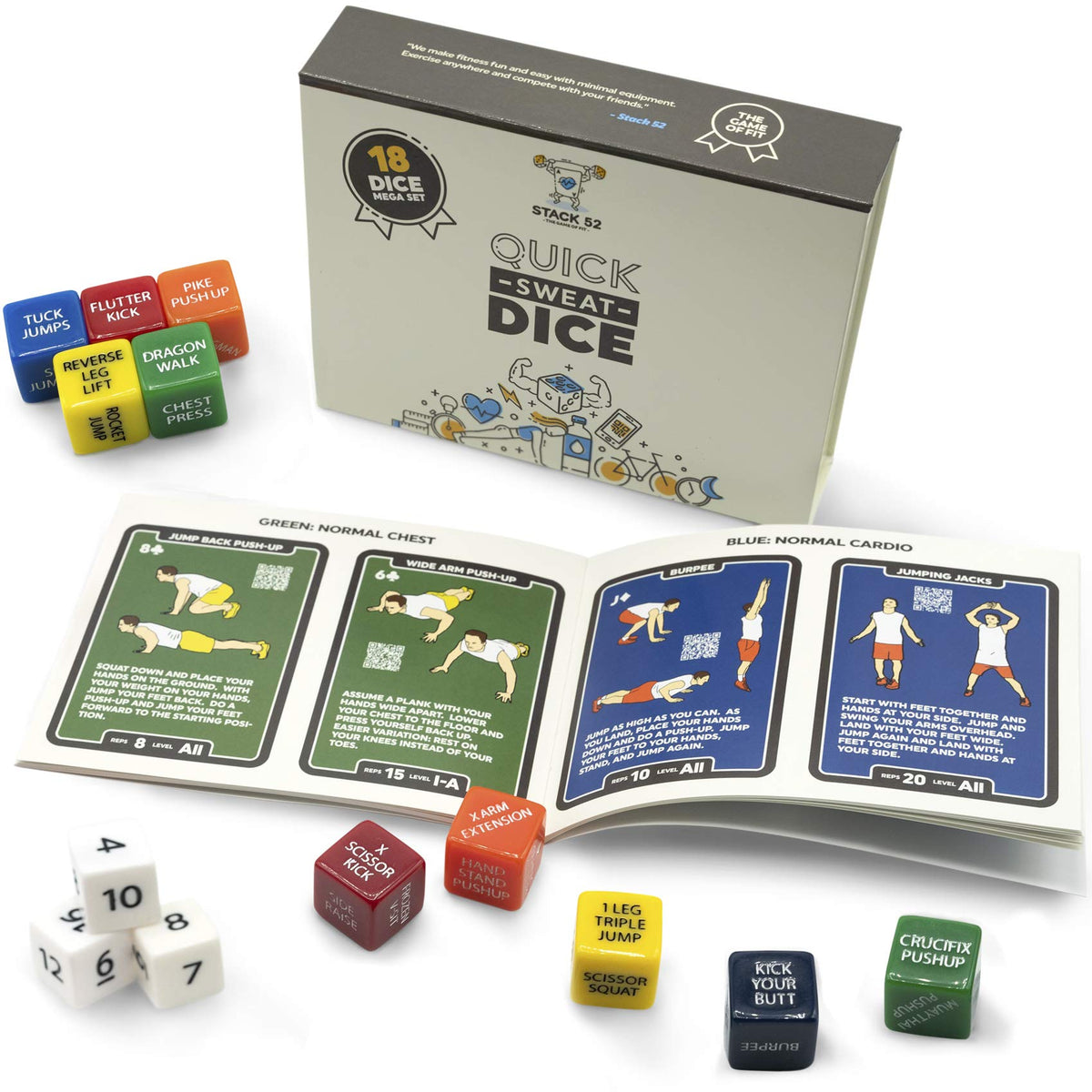 Stack 52 Quick Sweat Dice storage box keeps sets organized for home workouts.