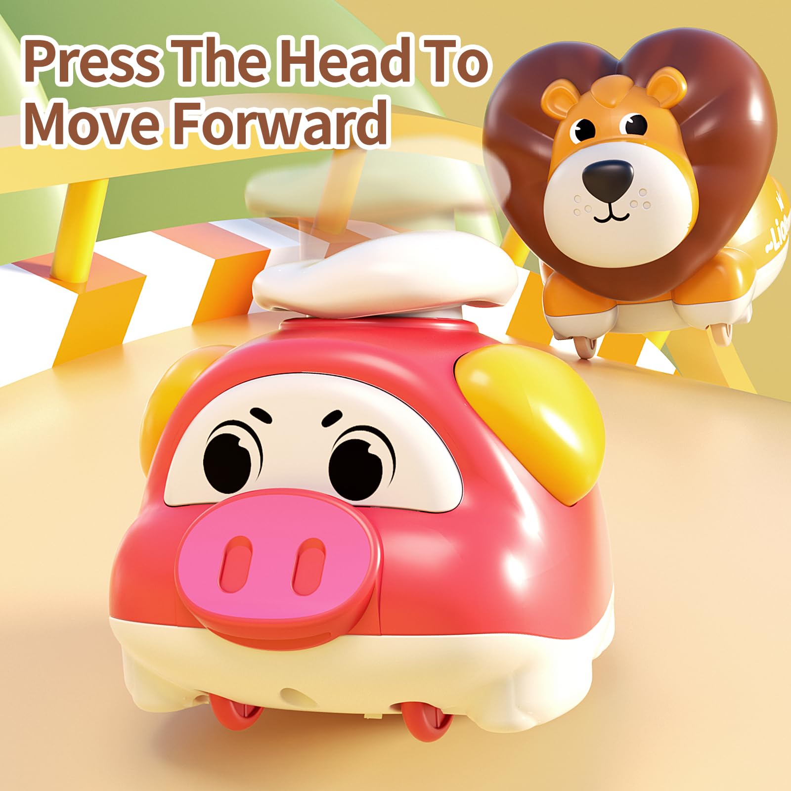 STACTCUTE push-toy with top button enables quick motion without batteries.
