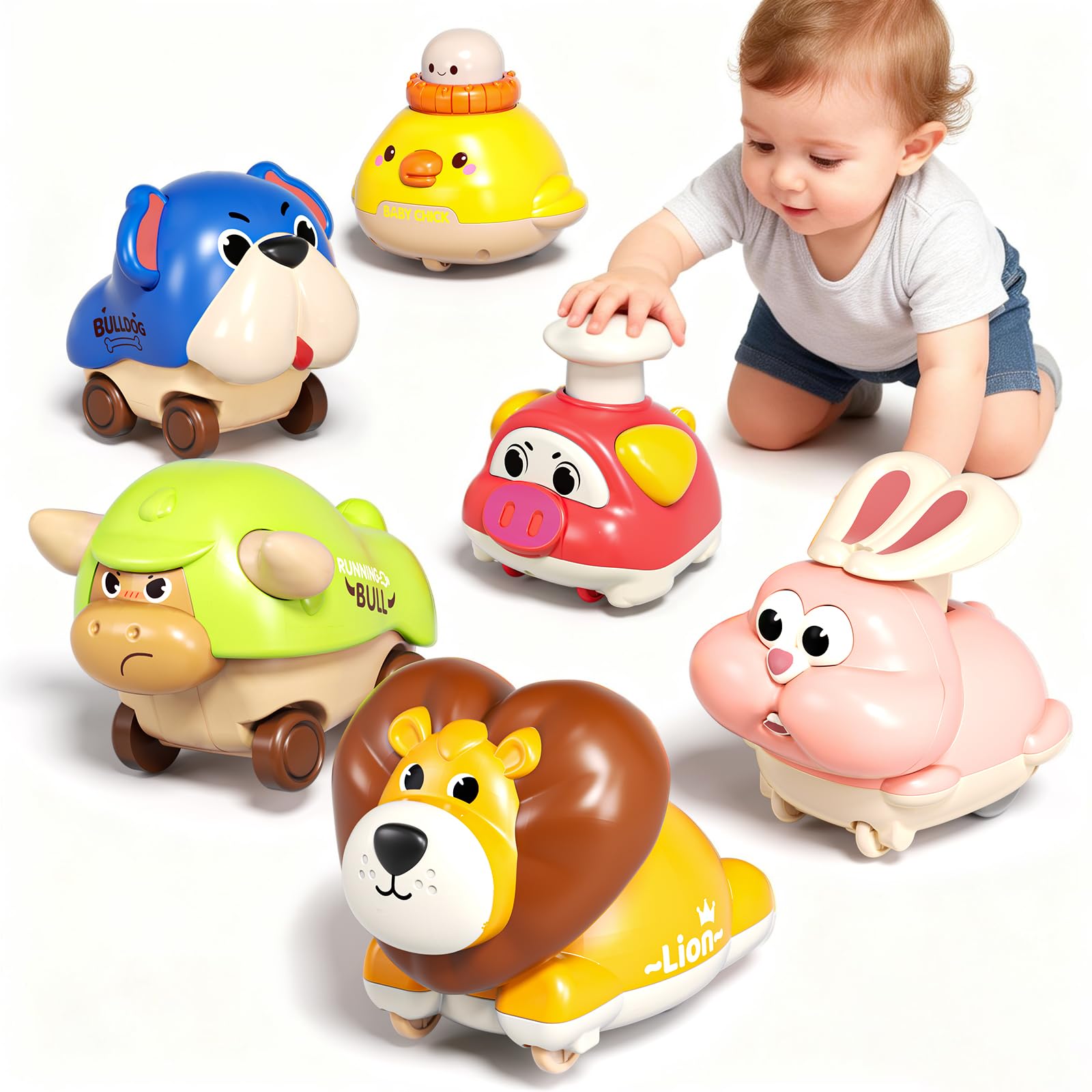 STACTCUTE press-and-go cars with six colorful animals for active toddler play.
