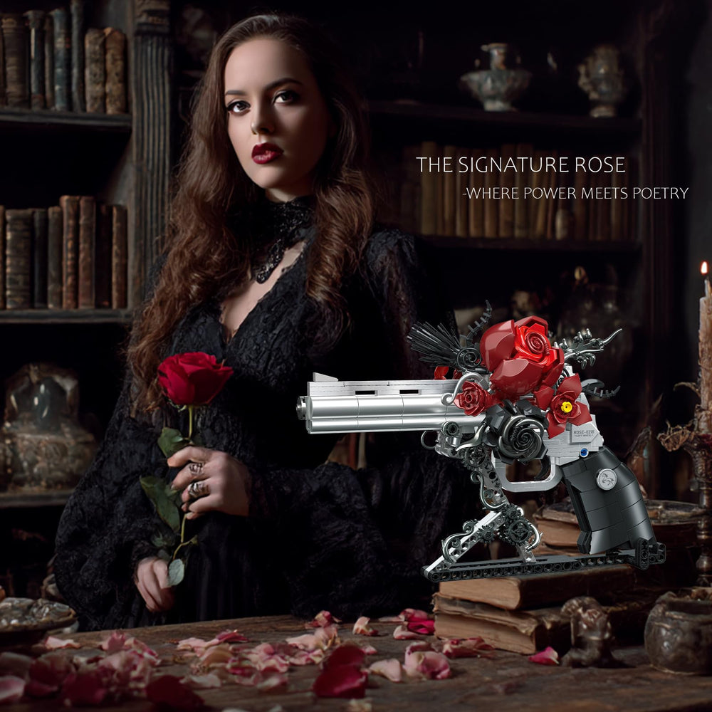 STADREWVY Guns and Petals red roses accents enhance Gothic appeal on a sculpture