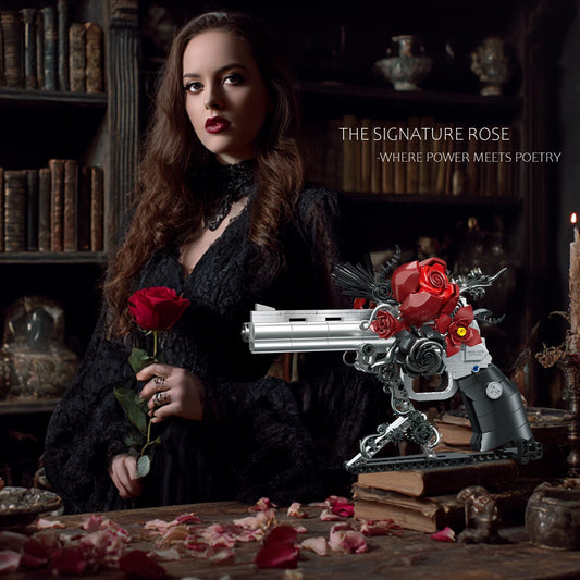 STADREWVY Guns and Petals red roses accents enhance Gothic appeal on a sculpture