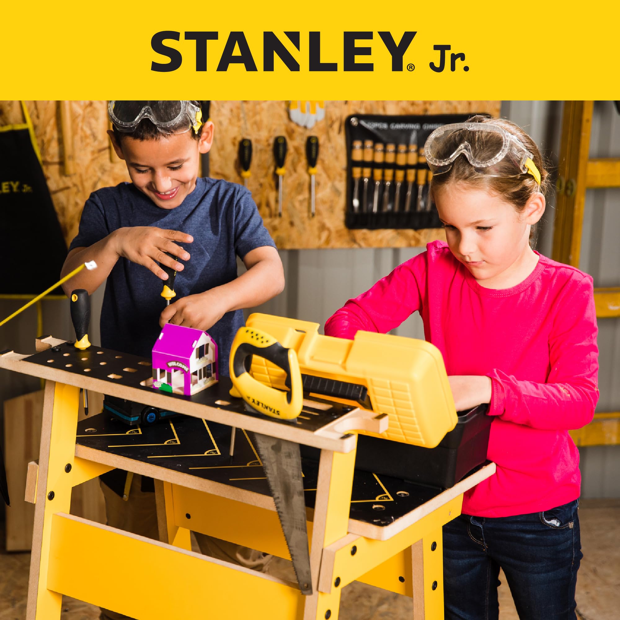 STANLEY Jr. Kids Work Bench family crafting together.