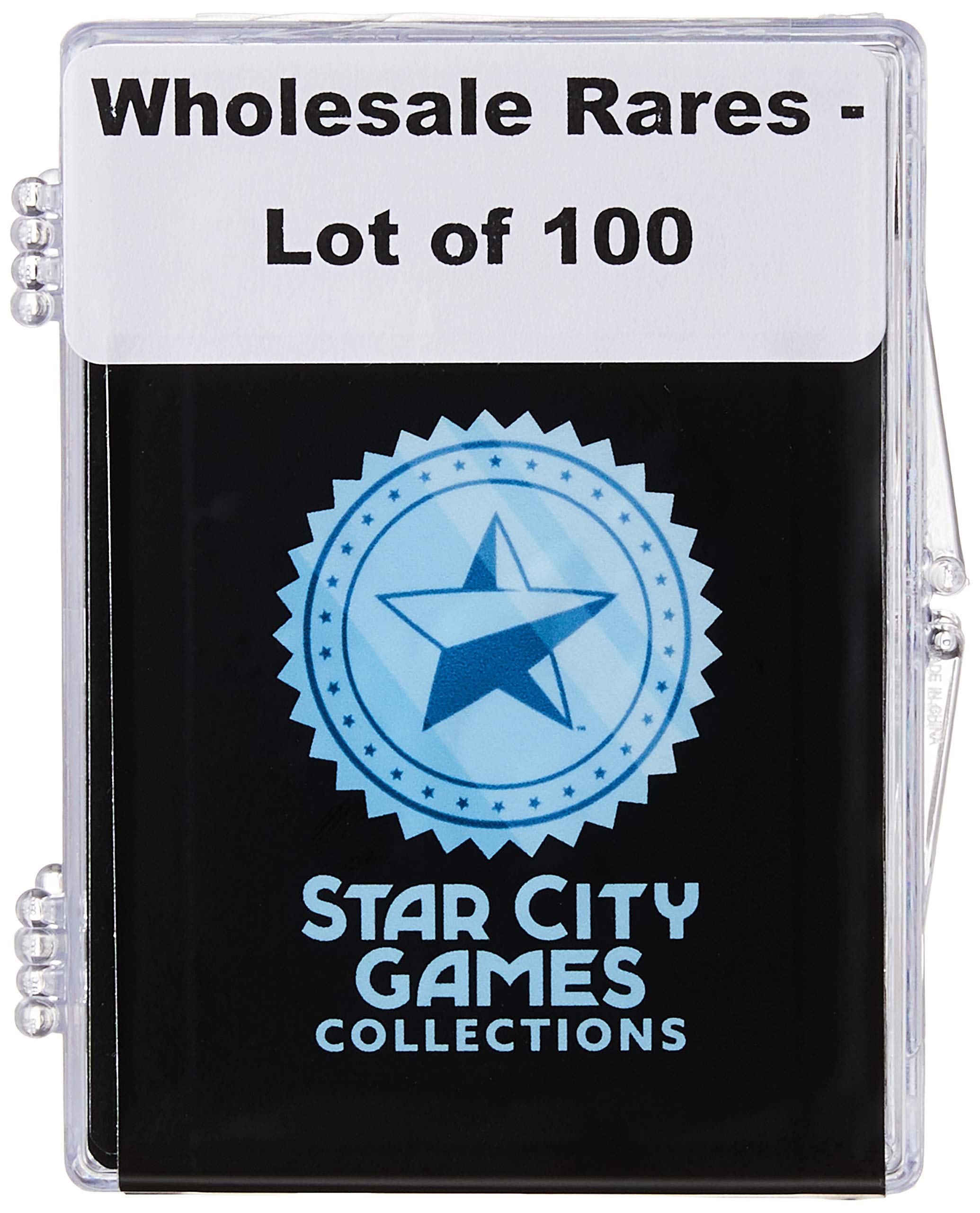 Star City Games 100 assorted MTG rares front view highlights card variety for collection inspiration.
