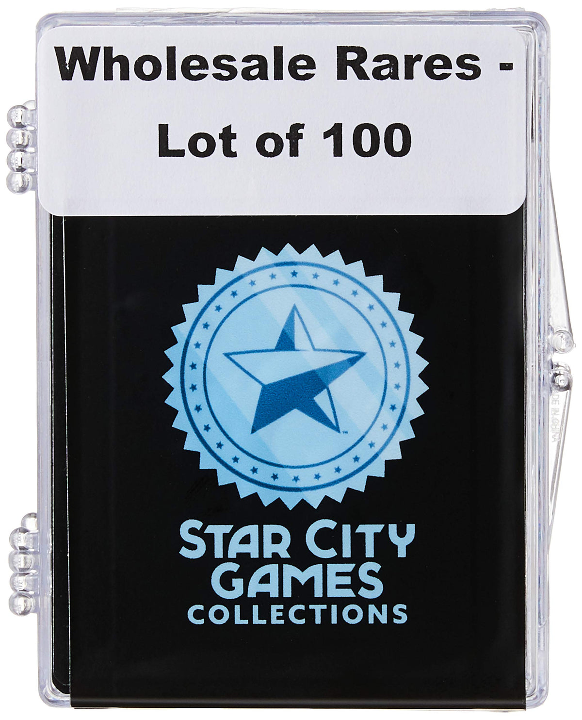 Star City Games 100 assorted MTG rares front view highlights card variety for collection inspiration.