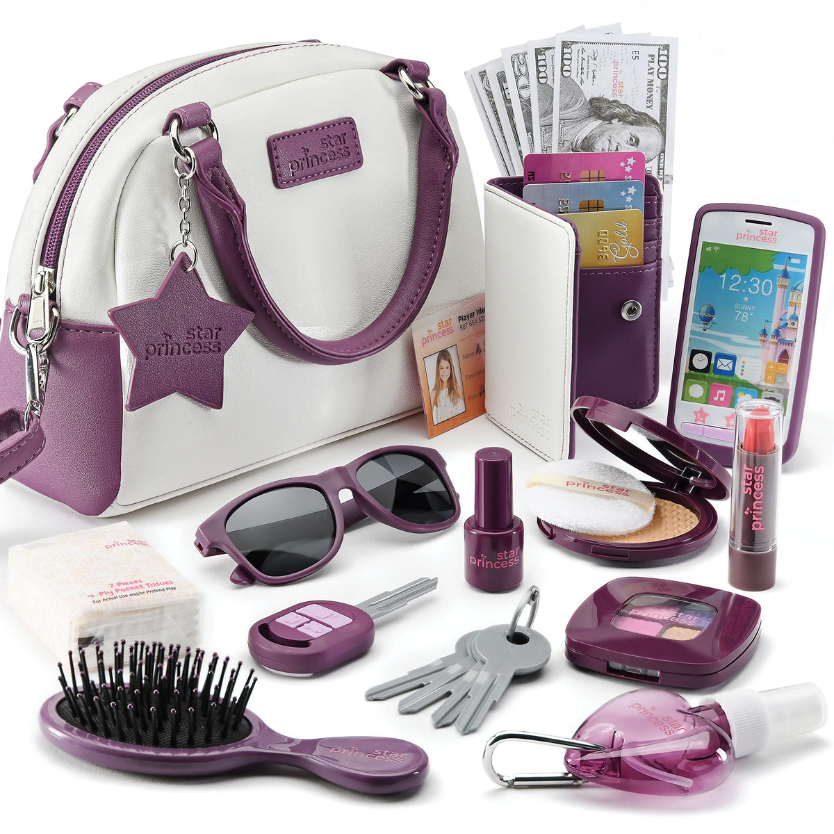 Star Princess play purse front view with organized accessories for imaginative play
