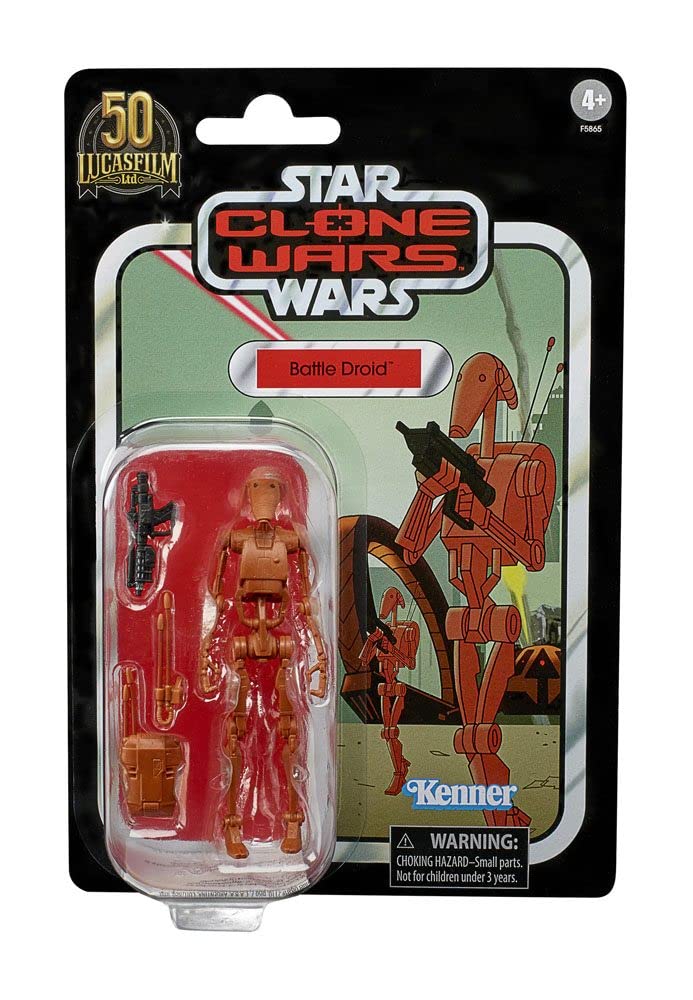 Star Wars Battle Droid toy accessories near the figure for extended play.