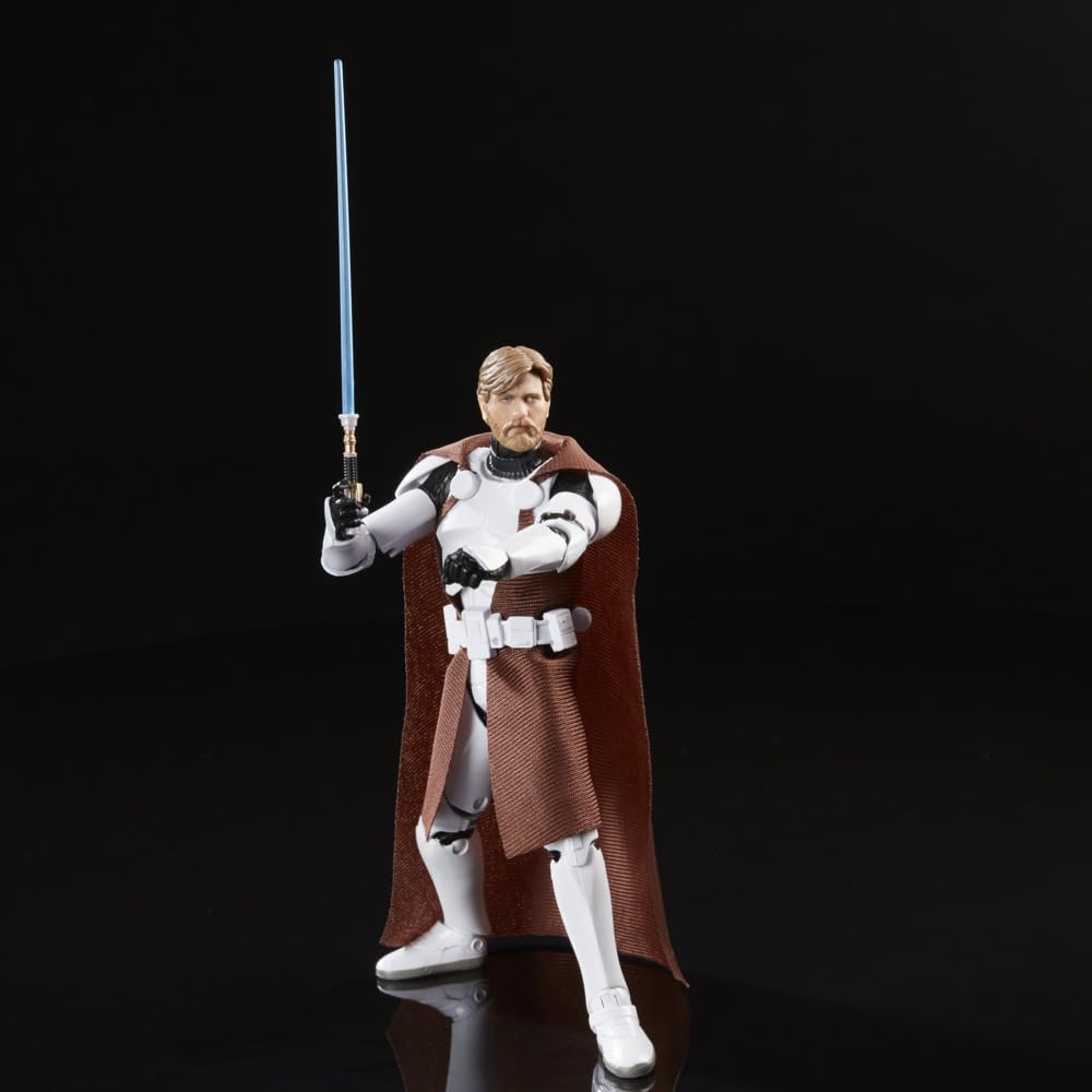 STAR WARS Black Series Clone Commander Obi-Wan Kenobi on stand for secure display.