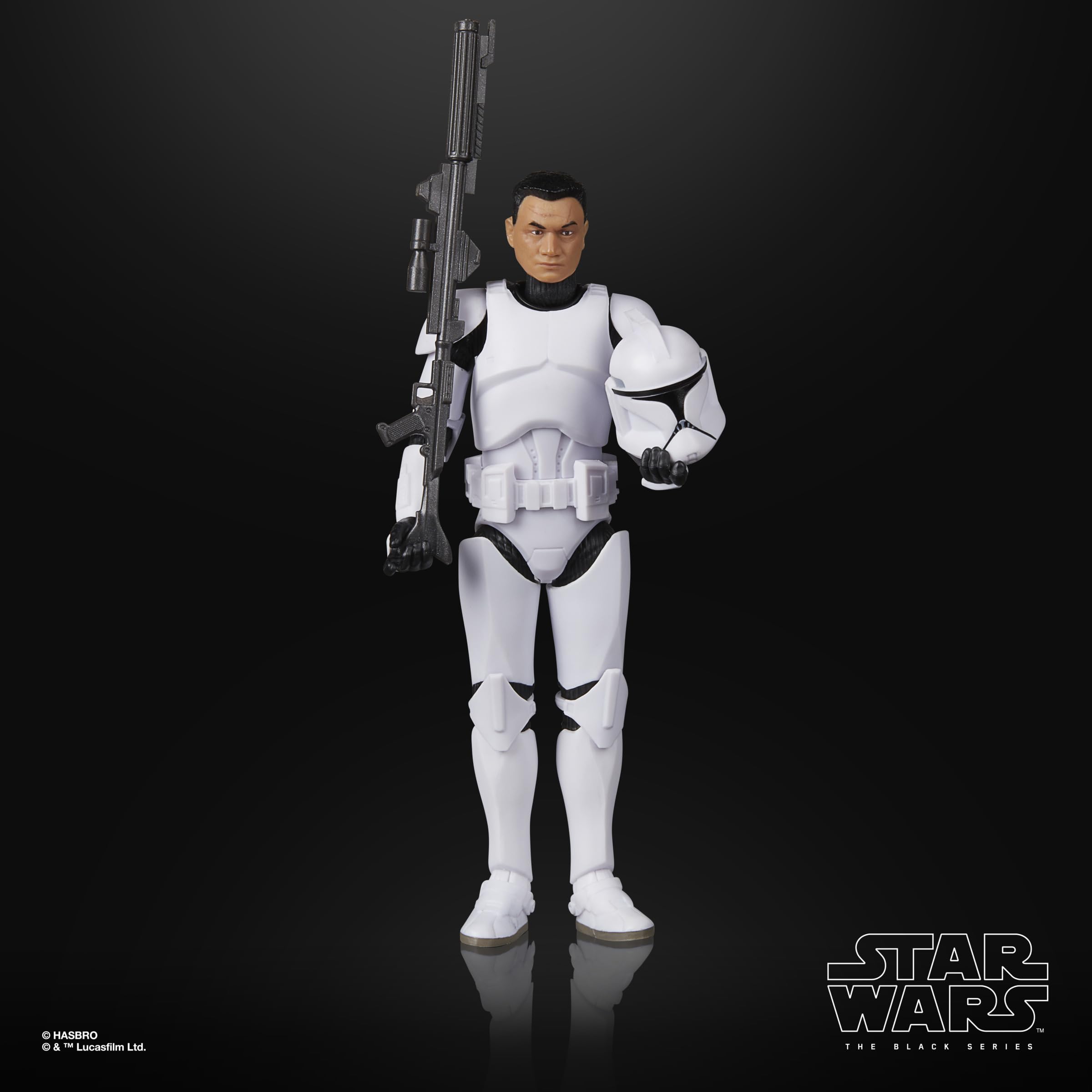 Star Wars Black Series Phase I Clone Trooper with blaster accessories for action poses.