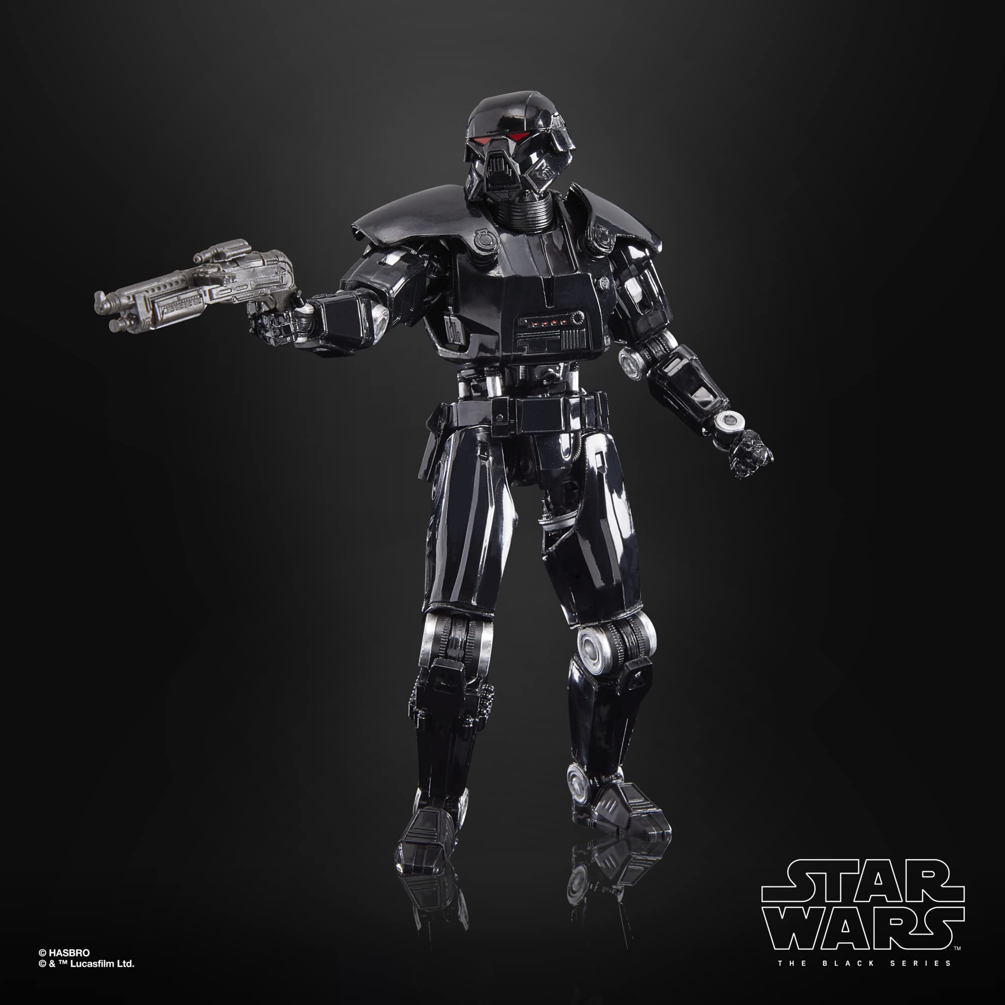 STAR WARS The Black Series Dark Trooper close-up deco highlights armored finish.