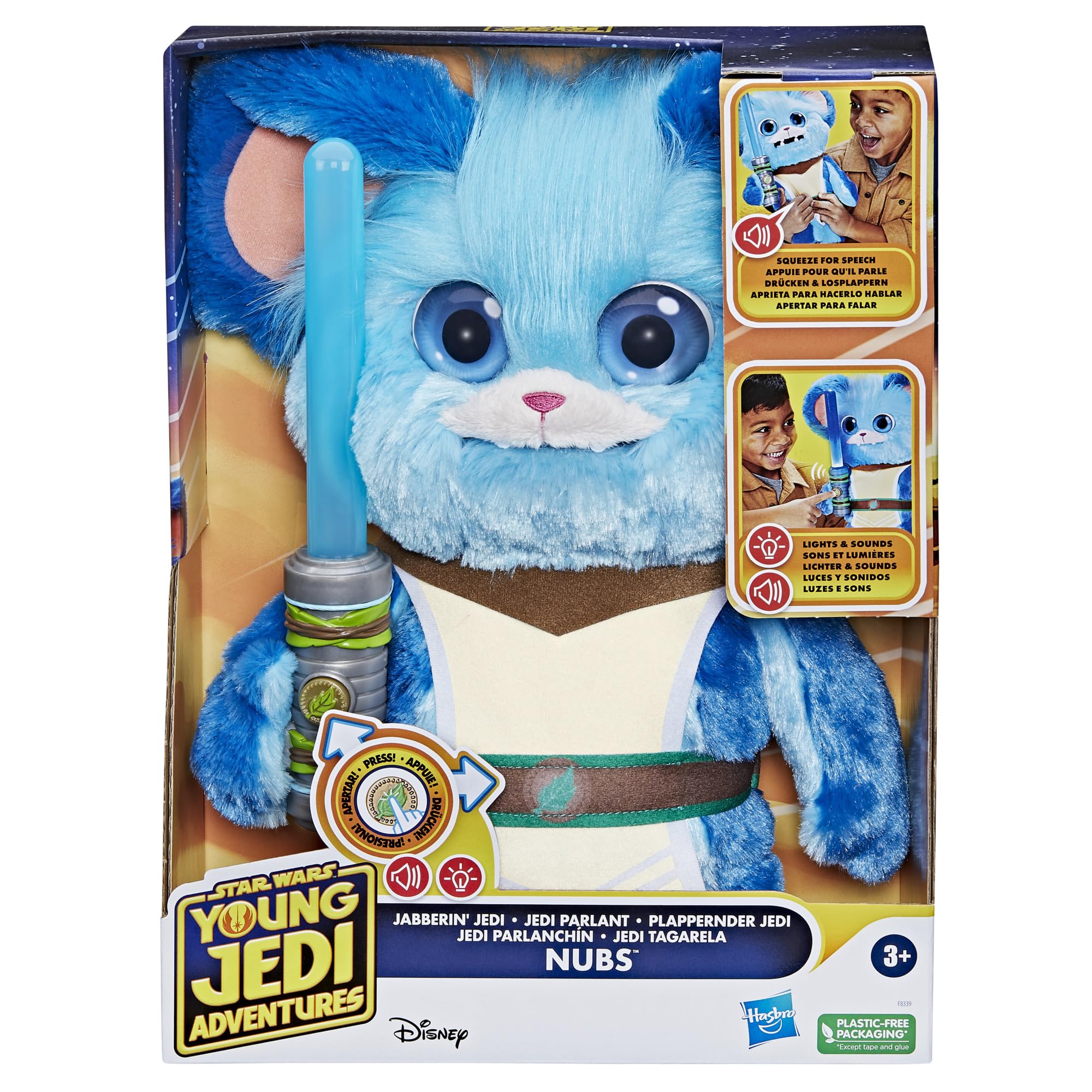 Star Wars Jabberin' Jedi Nubs with blue light-up lightsaber for imaginative role-play.
