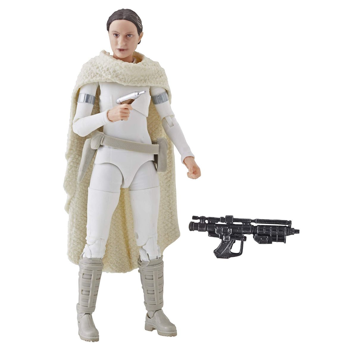 Star Wars The Black Series Padme Amidala 6-inch figure posing with blaster for display