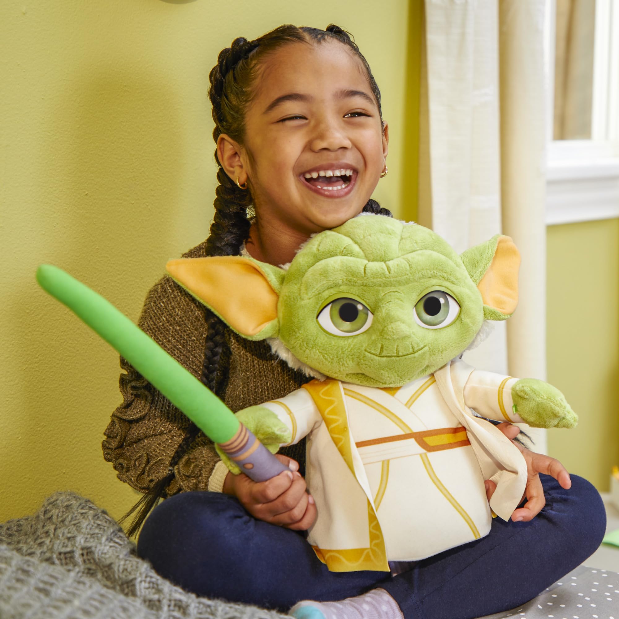 Star Wars Young Jedi Adventures Yoda plush shown with kids for storytelling.