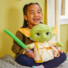 Star Wars Young Jedi Adventures Yoda plush shown with kids for storytelling.