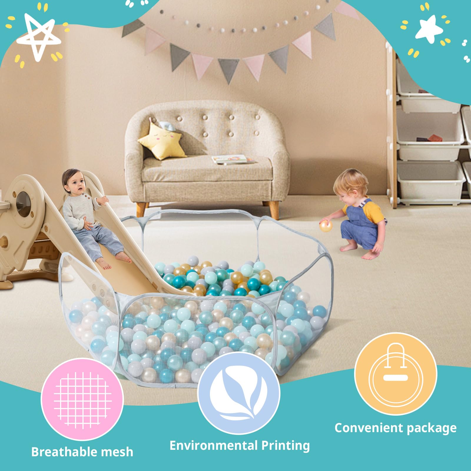 STARBOLO Gray Ball Pit suitable for bedroom playtime and learning spaces
