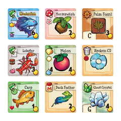 Stardew Valley Board Game community center tiles illustrate quest goals and relationships.