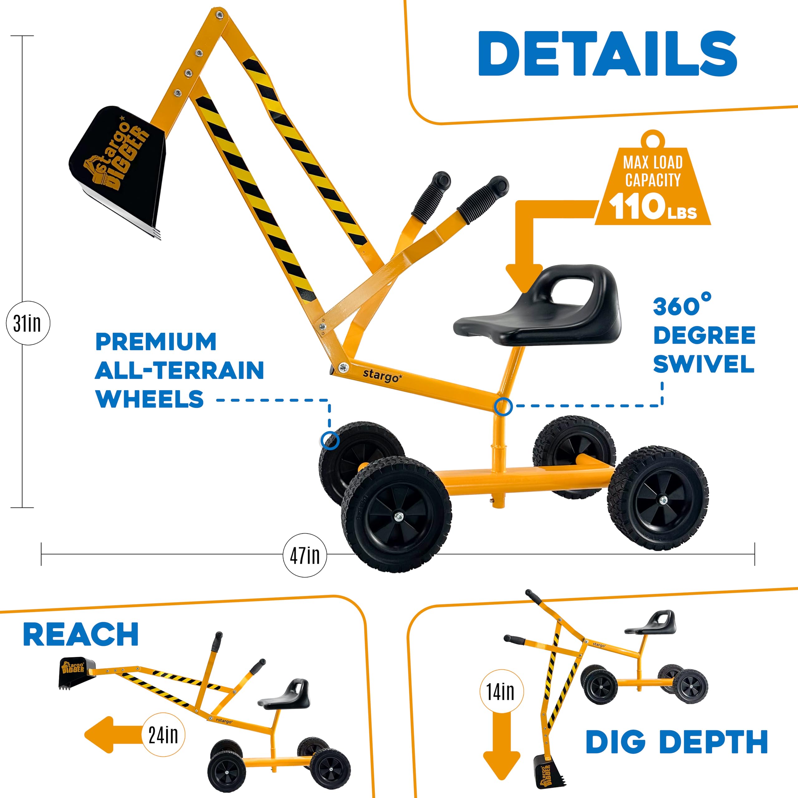 Stargo excavator toy with rotating seat for dynamic play.