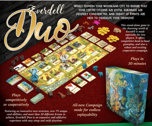 Everdell Duo components laid out for quick setup and varied play