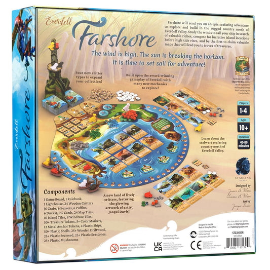 Starling Games Everdell Farshore 3D lighthouse stands as a dramatic centerpiece on the board.
