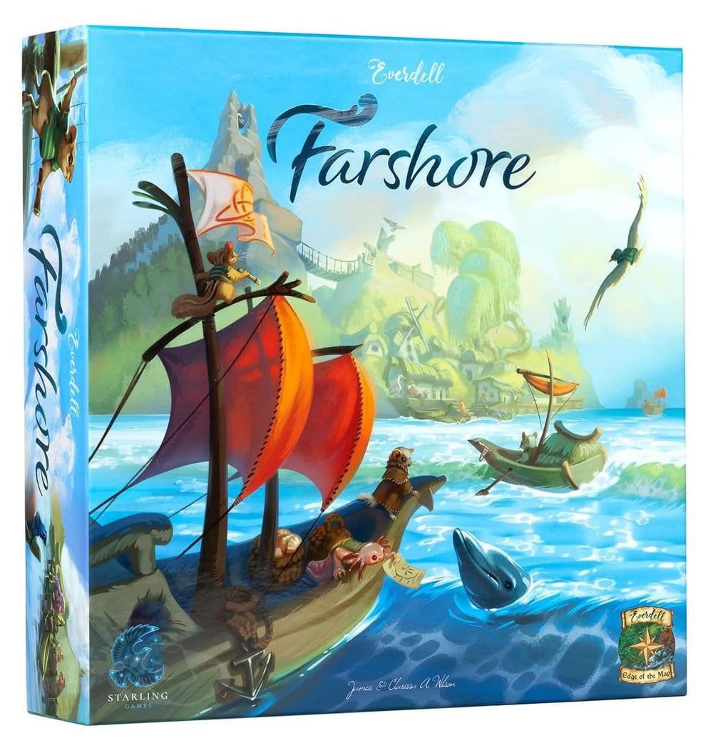 Starling Games Everdell Farshore windrose tokens add tactile depth to tide-based decisions.