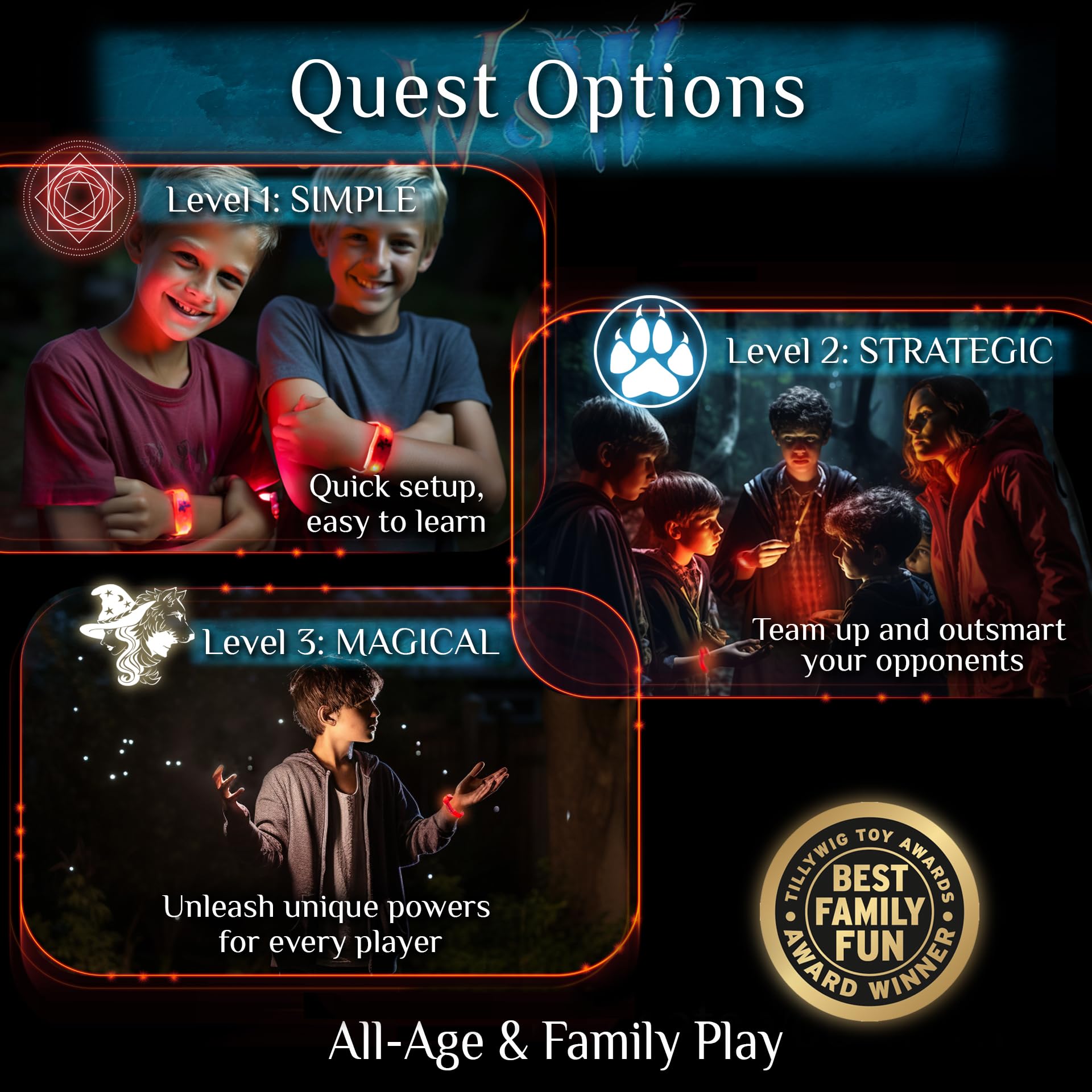 Starlux Games Wizards & Werewolves lit pieces glow for quick spotting.