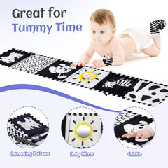 Starrykids car seat toy with clouds, bees, and rainbows captures baby attention.