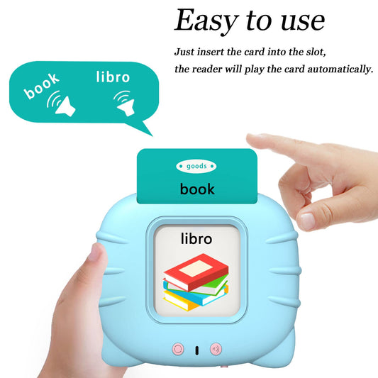 Startcan reader with cards demonstrates audible pronunciation in two languages.