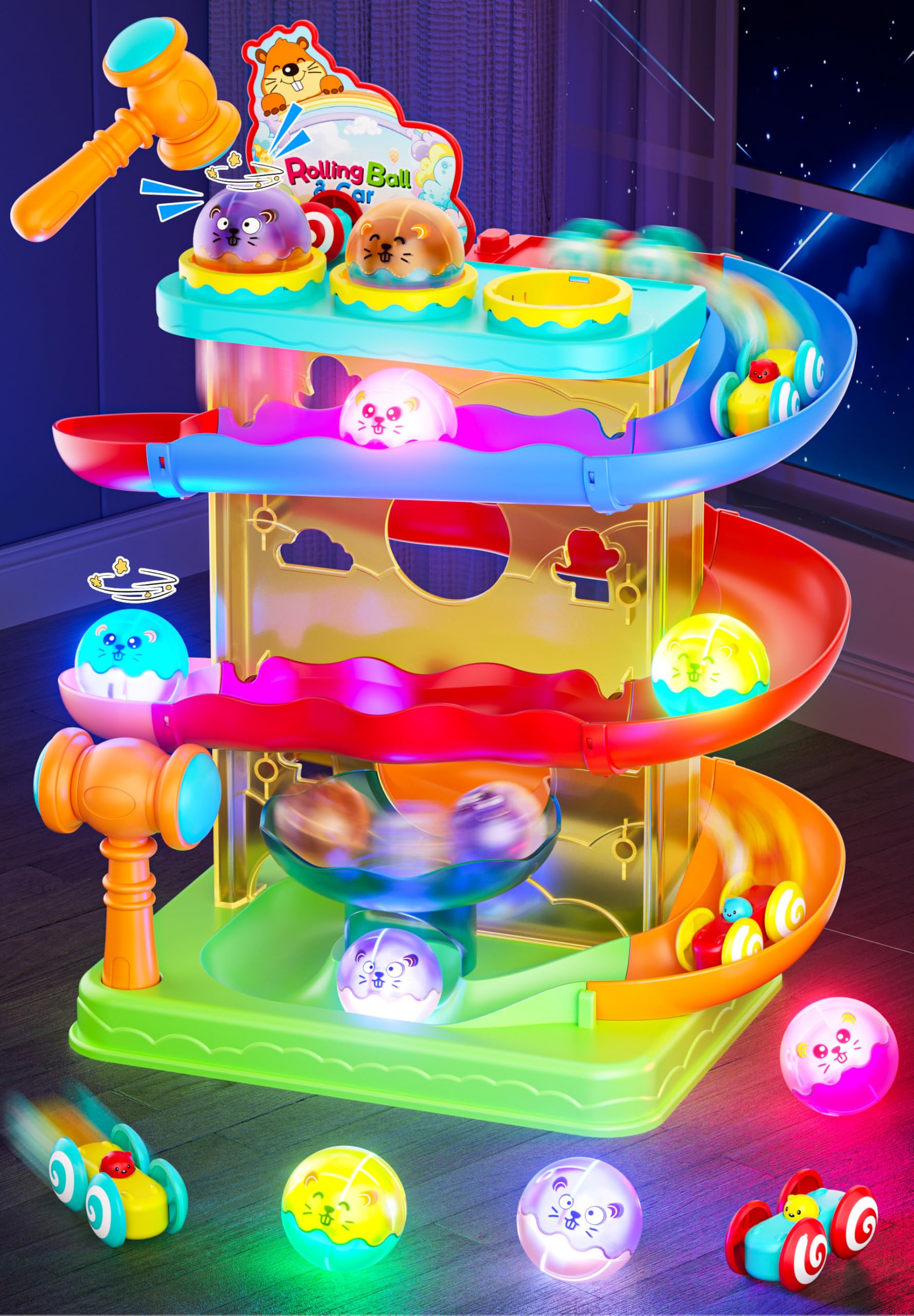 Stay Fun 2-in-1 rolling ball and car ramp top view for engaging, colorful play.