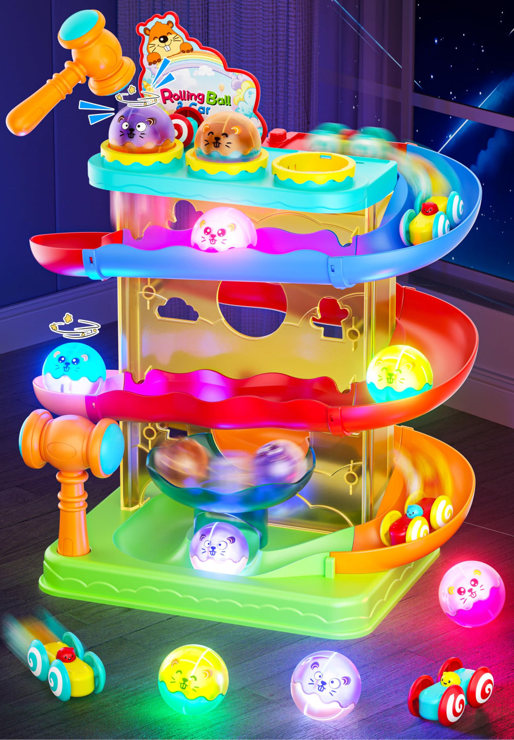 Stay Fun 2-in-1 rolling ball and car ramp top view for engaging, colorful play.